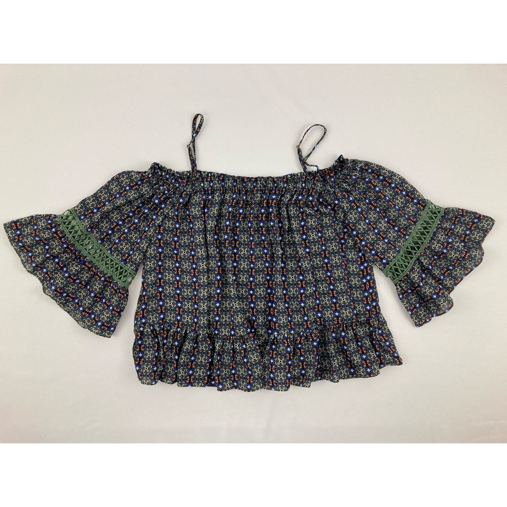 Takara Green Navy Off Shoulder Spaghetti Strap Bohemian Blouse Size S